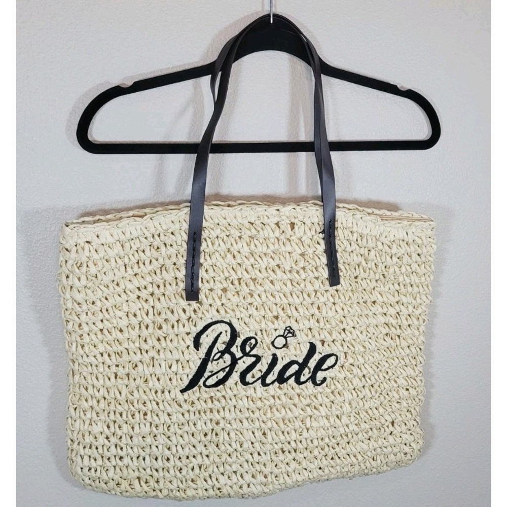 Bride Embroidered Straw Tote Bag Raffia Beach Wedding Honeymoon 17.5x14